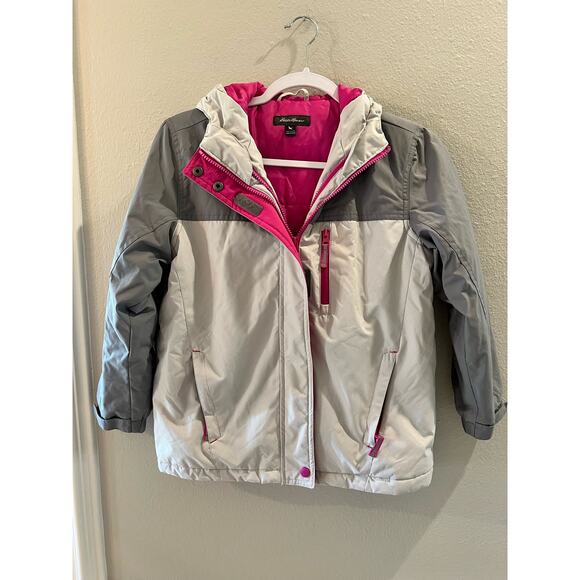 Eddie Bauer Girls Powder Search Hooded Pink Grey 3-1 Ski Snow Jacket Size S 7/8 - Picture 1 of 7